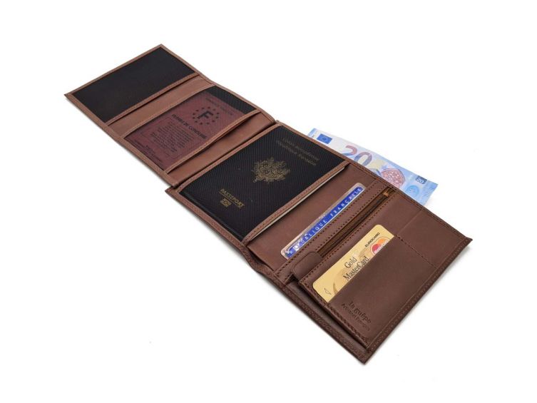 Portefeuille "Luxe" en cuir marron - 15 cm 4 volets - PM-019-01
