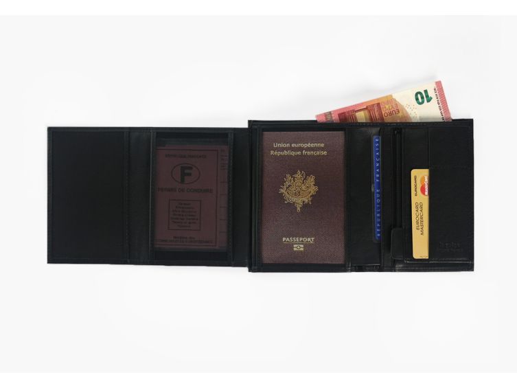 Portefeuille "Luxe" en cuir noir - 15 cm 4 volets - PM-019-01