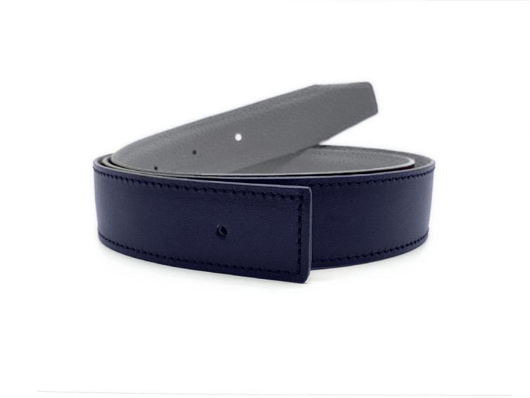 Ceinture cuir réversible 30mm compatible boucle Hermes, marine lisse et gris grainé - 5002