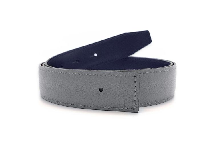Ceinture cuir réversible 30mm compatible boucle Hermes, marine lisse et gris grainé - 5002