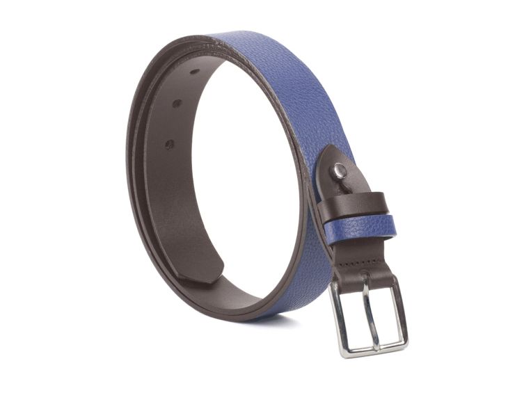 Ceinture cuir reverso marron foncé / bleu - 11100