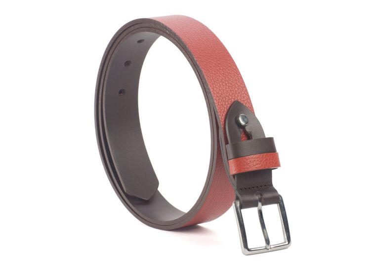 Ceinture cuir reverso marron foncé / rouge - 11100