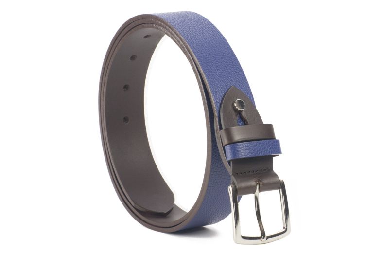 Ceinture cuir reverso marron foncé / bleu - 11107