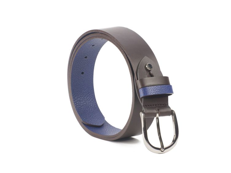 Ceinture cuir reverso marron foncé / bleu - 11108