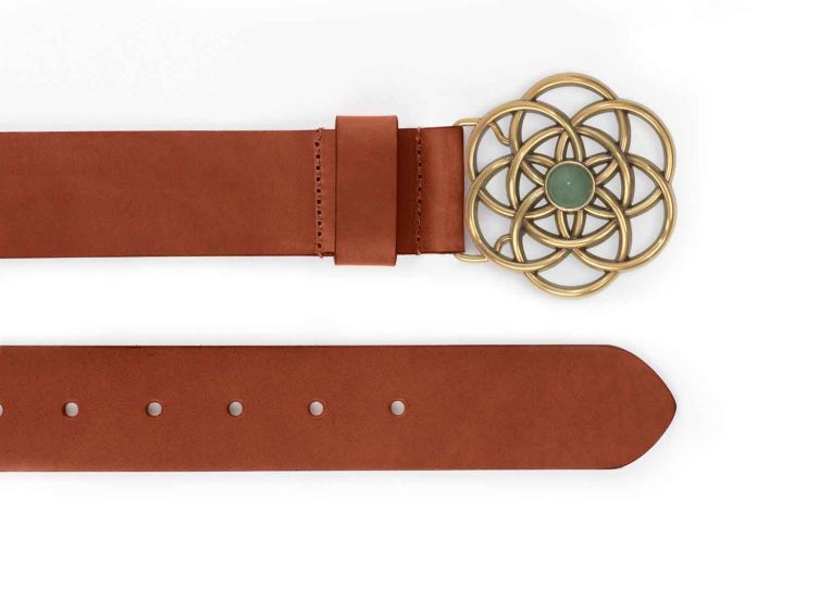 Ceinture cuir gold, boucle vintage, dorée, avec une pierre verte - 40mm - 4116