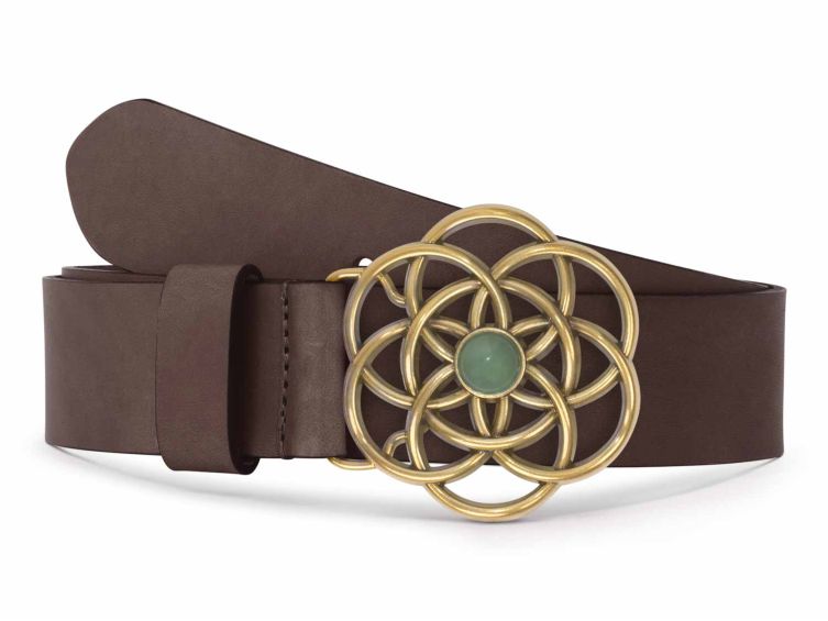 Ceinture cuir marron foncé, boucle vintage, dorée, avec une pierre verte - 40mm - 4116