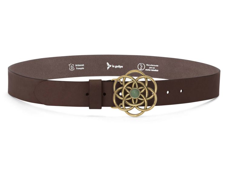 Ceinture cuir marron foncé, boucle vintage, dorée, avec une pierre verte - 40mm - 4116