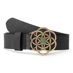 Ceinture cuir noir, boucle vintage, dorée, avec une pierre verte - 40mm - 4116