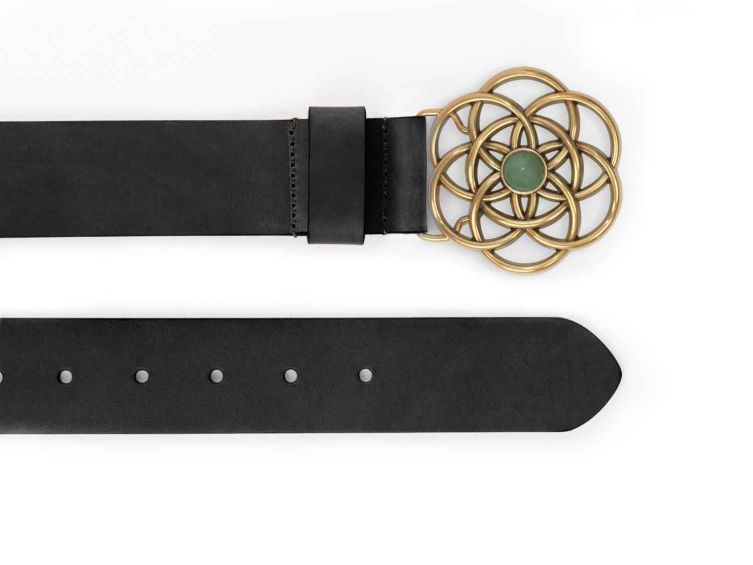 Ceinture cuir noir, boucle vintage, dorée, avec une pierre verte - 40mm - 4116