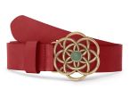 Ceinture cuir rouge, boucle vintage, dorée, avec une pierre verte - 40mm - 4116