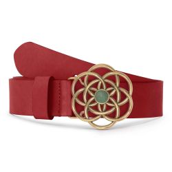 Ceinture cuir rouge, boucle vintage, dorée, avec une pierre verte - 40mm - 4116