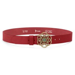 Ceinture cuir rouge, boucle vintage, dorée, avec une pierre verte - 40mm - 4116