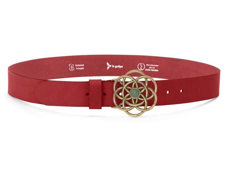 Ceinture cuir rouge, boucle vintage, dorée, avec une pierre verte - 40mm - 4116