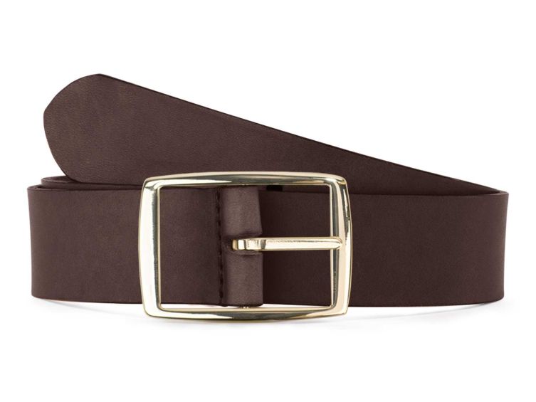 Ceinture cuir marron foncé, boucle rectangulaire, moderne, dorée - 35mm - 4120