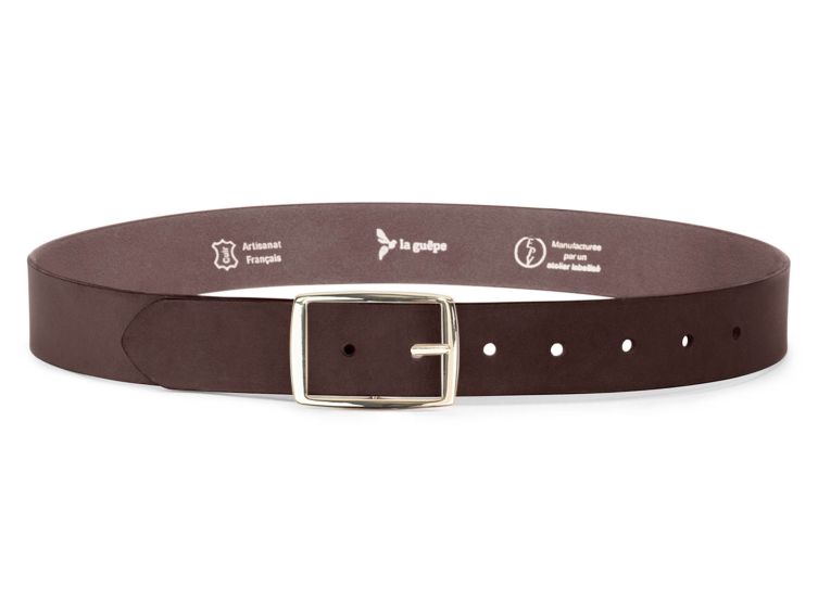 Ceinture cuir marron foncé, boucle rectangulaire, moderne, dorée - 35mm - 4120