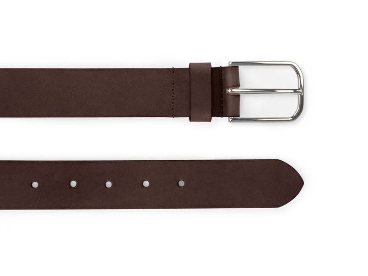 Ceinture cuir marron foncé, boucle rectangulaire, classique, argentée - 35mm - 4122