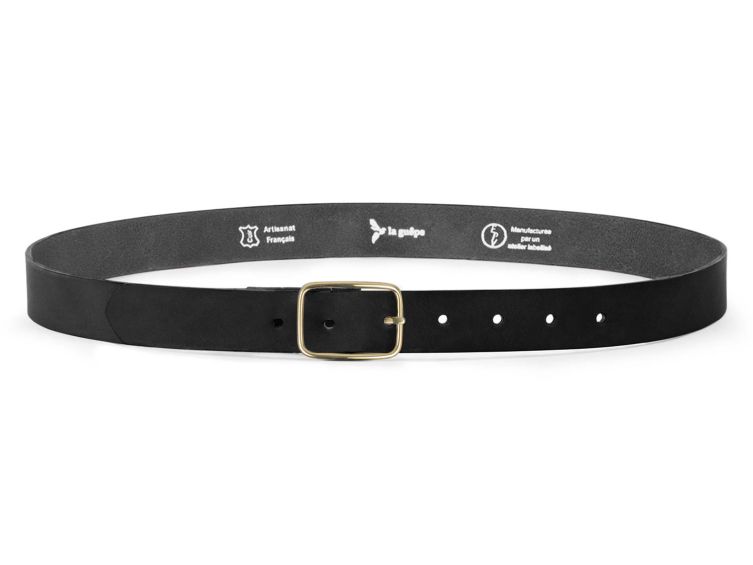 Ceinture cuir noir, boucle rectangulaire, classique, en laiton - 30mm - 4130