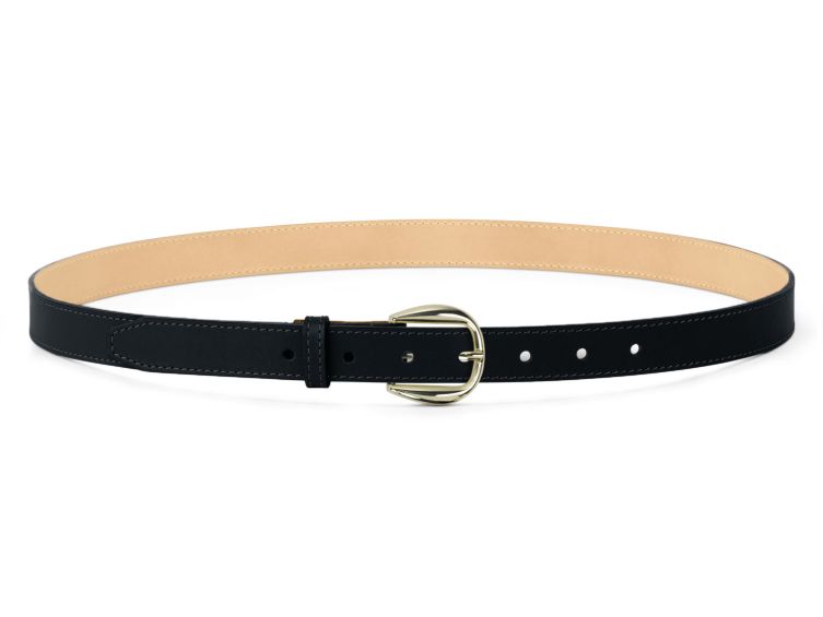 Fine ceinture cuir chic noir, boucle féminine, arrondie, dorée - 25mm - 5112