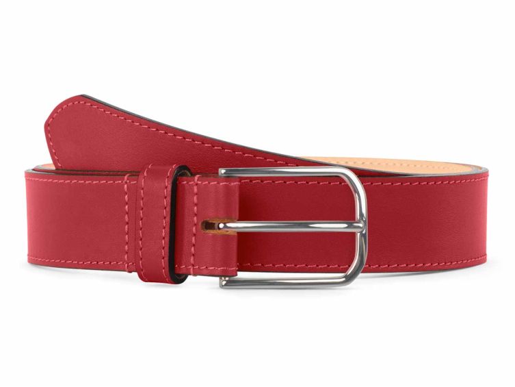Ceinture cuir chic rouge, boucle rectangulaire, classique, argentée - 35mm - 5122