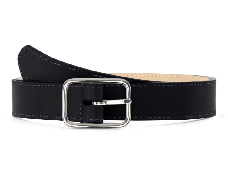 Ceinture cuir chic noir, boucle rectangulaire, classique, argentée - 30mm - 5131