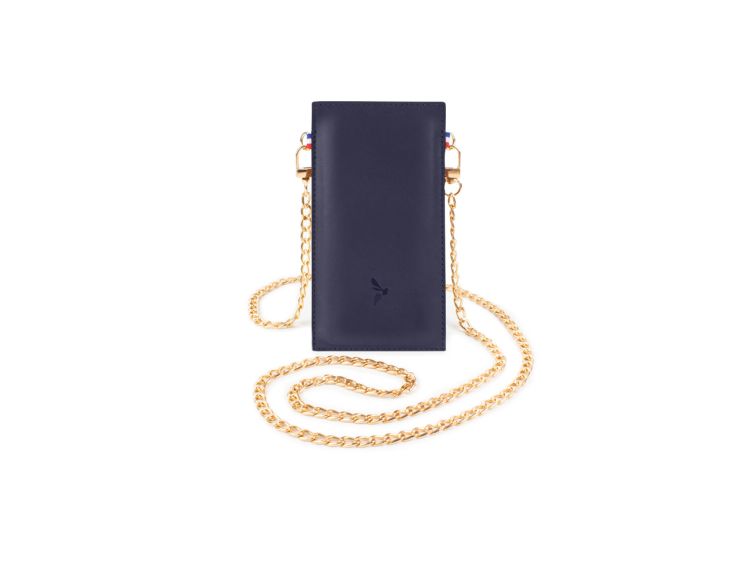 Pochette iPhone 16 Pro Max en cuir bleu avec chainette - PM-045-02