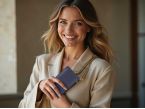 Pochette iPhone 16 Pro en cuir bleu avec chainette - PM-046-02