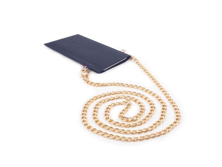 Pochette iPhone 16 Pro en cuir bleu avec chainette - PM-046-02