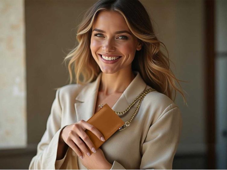 Pochette iPhone 16 Pro en cuir gold avec chainette - PM-046-02