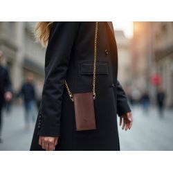 Pochette iPhone 16 Pro Max en cuir marron avec chainette - PM-045-02