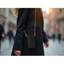 Pochette iPhone 15 Pro Max en cuir noir avec chainette - PM-047-02