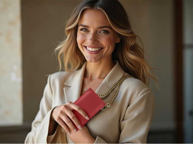 Pochette iPhone 15 Proen cuir rouge avec chainette - PM-048-02