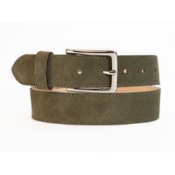 Ceinture cuir velours vert, boucle élégante acier poli - 2037