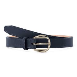 Fine ceinture cuir chic bleu marine, boucle féminine, arrondie, dorée - 25mm - 5112