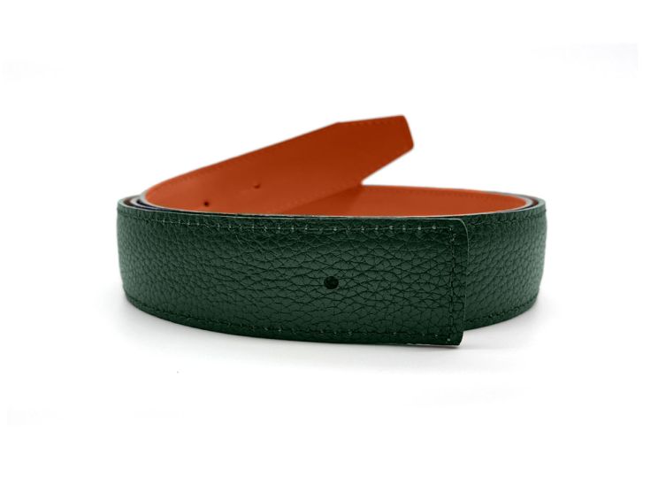 Ceinture cuir réversible 30mm compatible boucle Hermes, orange lisse et vert grainé - 5002