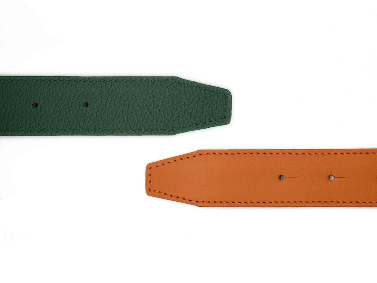 Ceinture cuir réversible 30mm compatible boucle Hermes, orange lisse et vert grainé - 5002